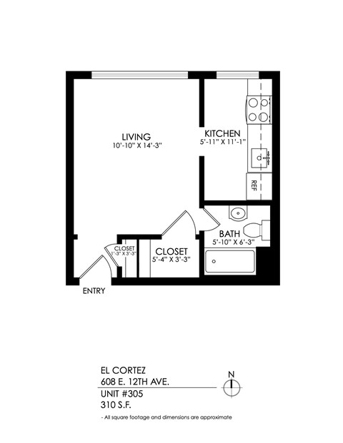 Floor plan for studio, 1 bath, 350 sqft